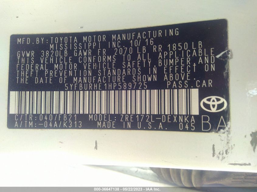 2017 TOYOTA COROLLA LE - 5YFBURHE1HP589725