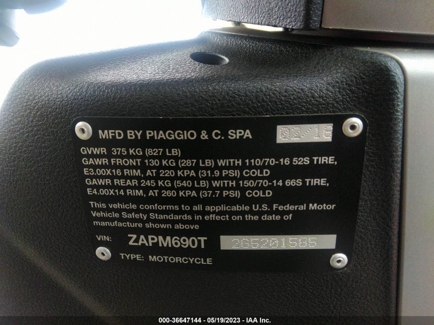 2016 PIAGGIO BV 350 ZAPM690T2G5201585