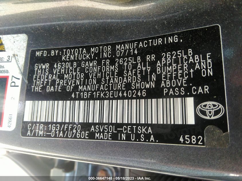 2014 TOYOTA CAMRY L/LE/XLE/SE/SE SPORT - 4T1BF1FK3EU440246