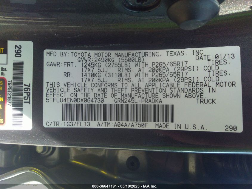 2013 TOYOTA TACOMA - 5TFLU4EN0DX064730