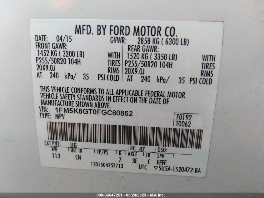 2015 FORD EXPLORER SPORT - 1FM5K8GT0FGC60862