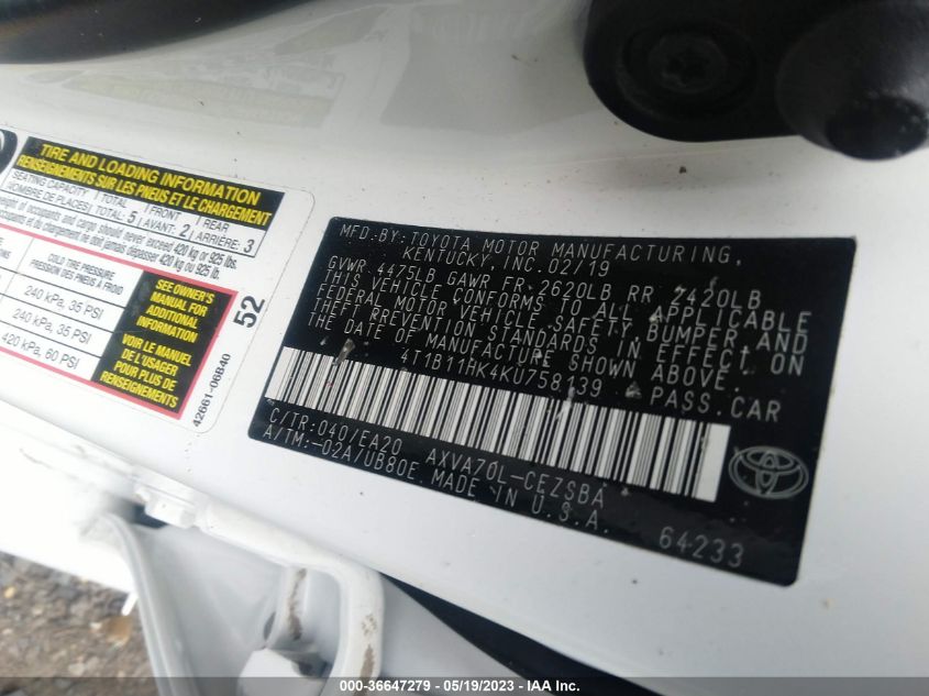2019 TOYOTA CAMRY LE/SE/XLE/L - 4T1B11HK4KU758139