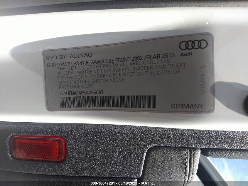 2019 AUDI A4 PREMIUM PLUS - WAUENAF45KA035697