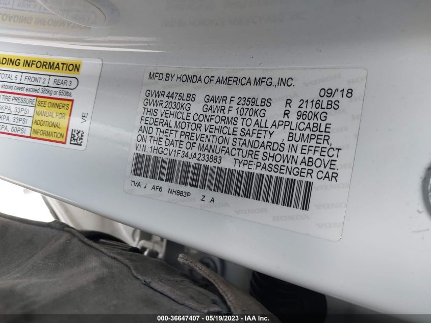 2018 HONDA ACCORD SEDAN SPORT 1.5T - 1HGCV1F34JA233883