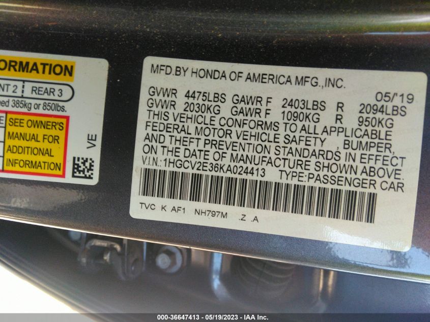 2019 HONDA ACCORD SEDAN SPORT 2.0T - 1HGCV2E36KA024413