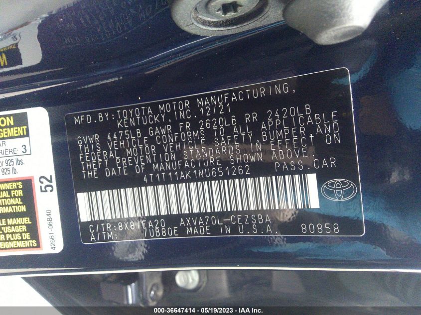 2022 TOYOTA CAMRY SE - 4T1T11AK1NU651262