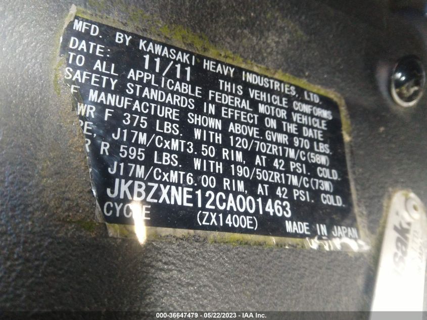 2012 KAWASAKI ZX1400 EC JKBZXNE12CA001463