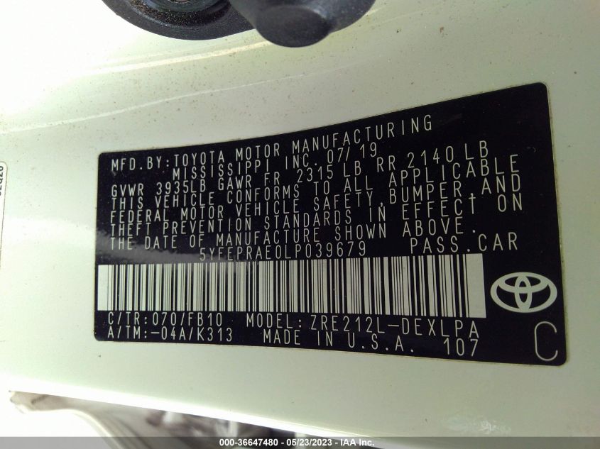 2020 TOYOTA COROLLA LE - 5YFEPRAE0LP039679