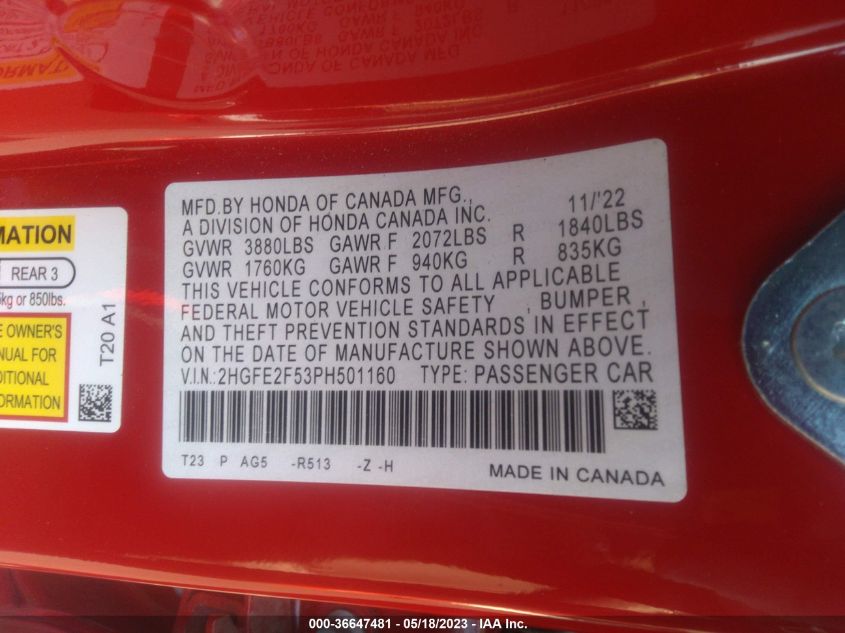 2023 HONDA CIVIC SEDAN SPORT - 2HGFE2F53PH501160