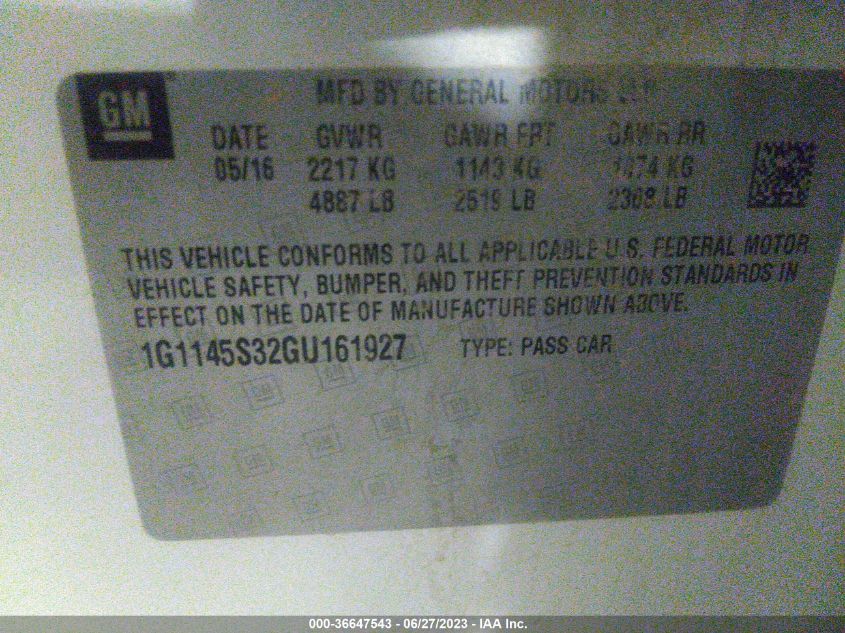 2016 CHEVROLET IMPALA LTZ - 1G1145S32GU161927
