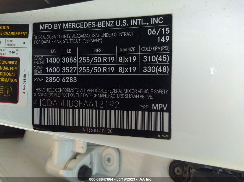 2015 MERCEDES-BENZ M-CLASS ML 350 - 4JGDA5HB3FA612192