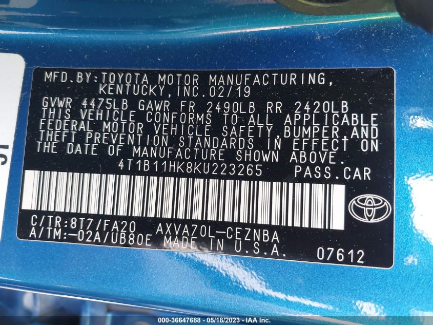2019 TOYOTA CAMRY LE/SE/XLE/L - 4T1B11HK8KU223265
