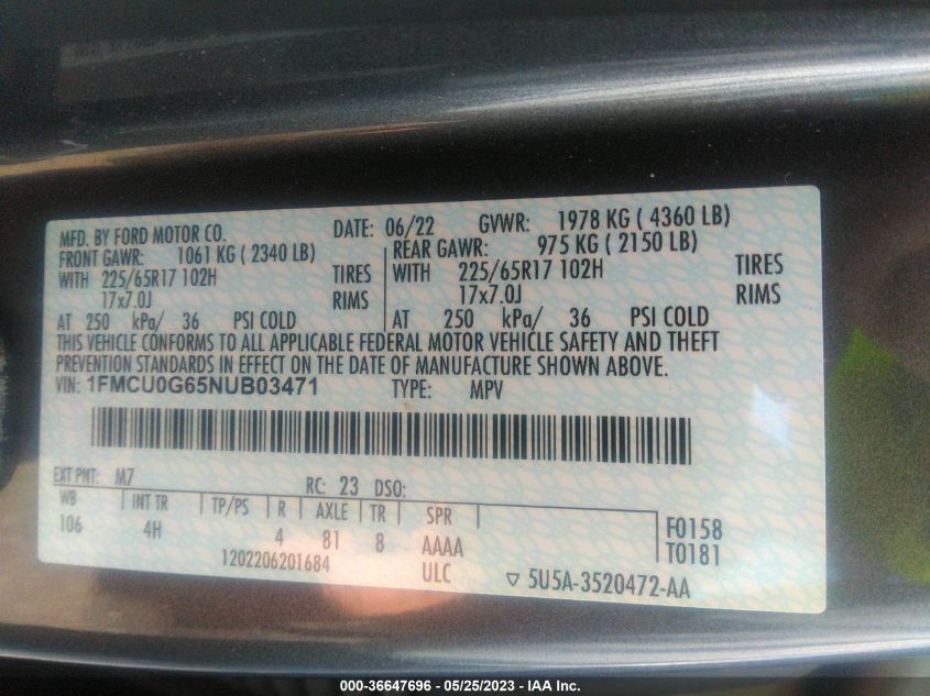 2022 FORD ESCAPE SE - 1FMCU0G65NUB03471