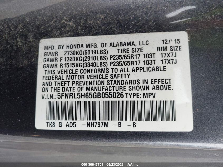 2016 HONDA ODYSSEY EX-L - 5FNRL5H65GB055026