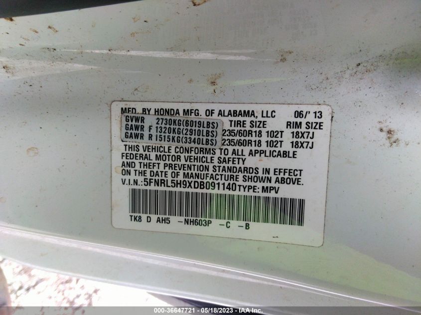 2013 HONDA ODYSSEY TOURING - 5FNRL5H9XDB091140