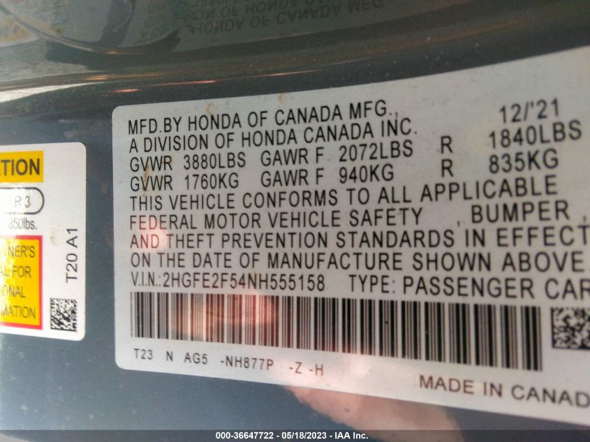 2022 HONDA CIVIC SEDAN SPORT - 2HGFE2F54NH555158