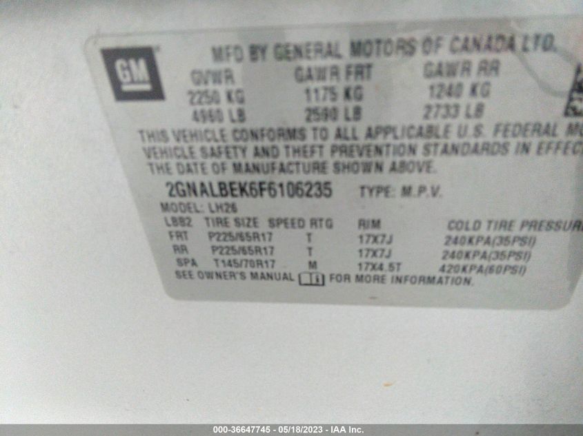 2015 CHEVROLET EQUINOX LT - 2GNALBEK6F6106235
