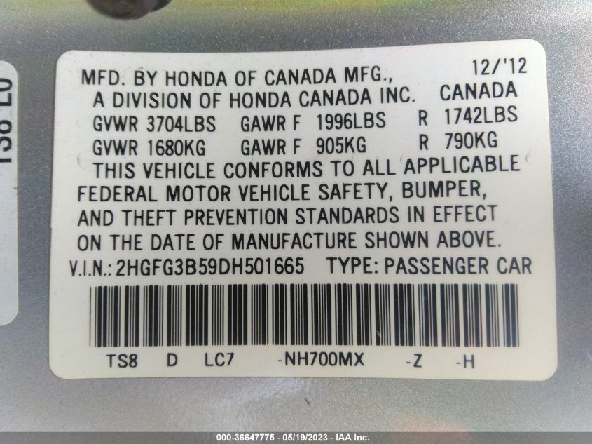 2013 HONDA CIVIC CPE LX 2HGFG3B59DH501665