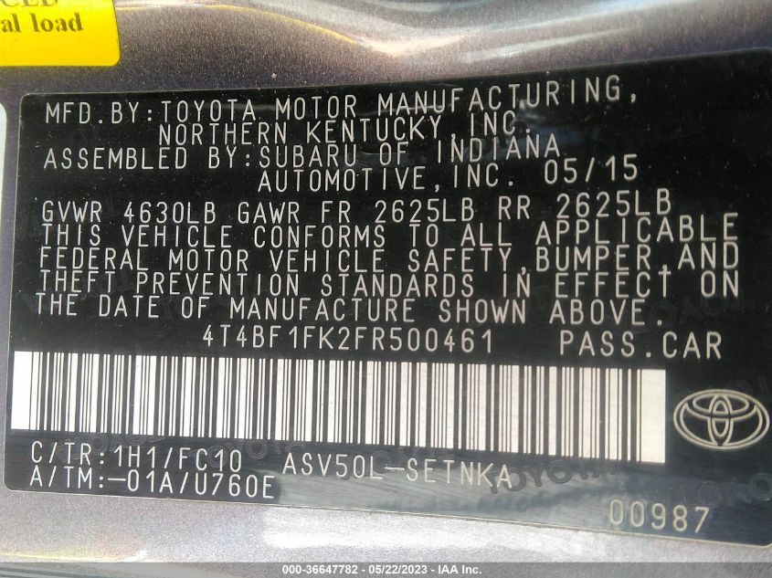 2015 TOYOTA CAMRY XLE/SE/LE/XSE - 4T4BF1FK2FR500461