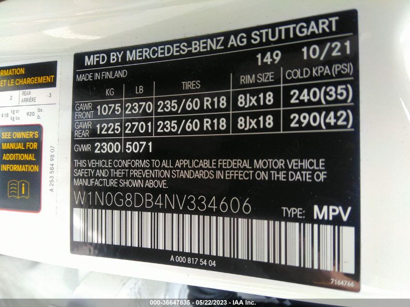 2022 MERCEDES-BENZ GLC GLC 300 W1N0G8DB4NV334606