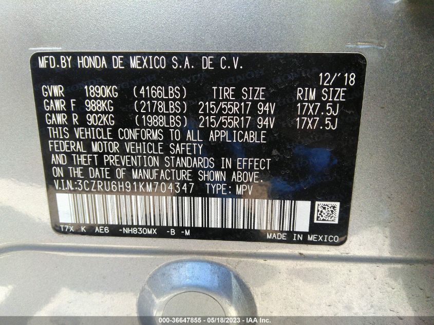 2019 HONDA HR-V TOURING - 3CZRU6H91KM704347