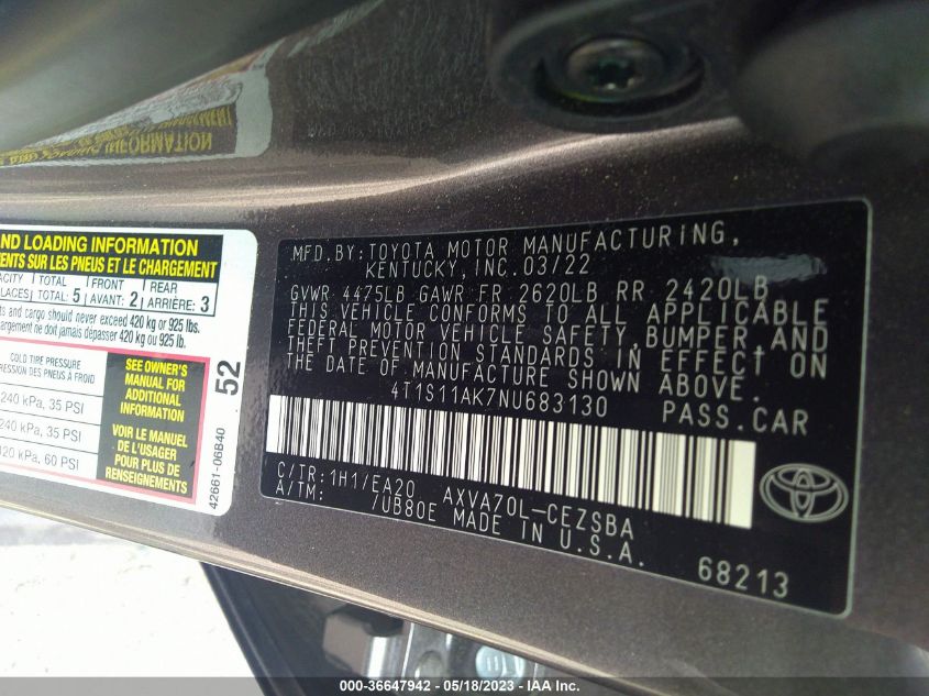 2022 TOYOTA CAMRY SE - 4T1S11AK7NU683130