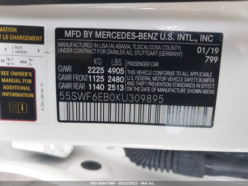 VIN 55SWF6EB0KU309895 2019 MERCEDES-BENZ C-CLASS AMG C 43