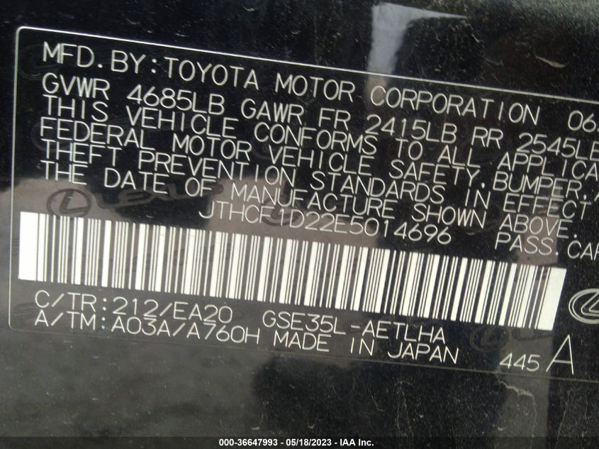 2014 LEXUS IS 250 - JTHCF1D22E5014696