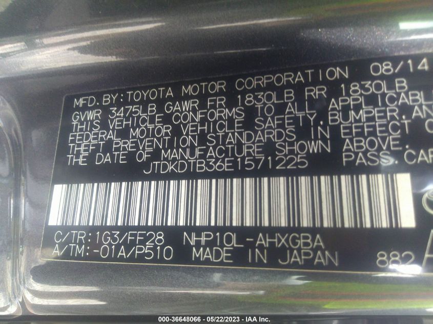 2014 TOYOTA PRIUS C ONE/THREE/TWO/FOUR - JTDKDTB36E1571225