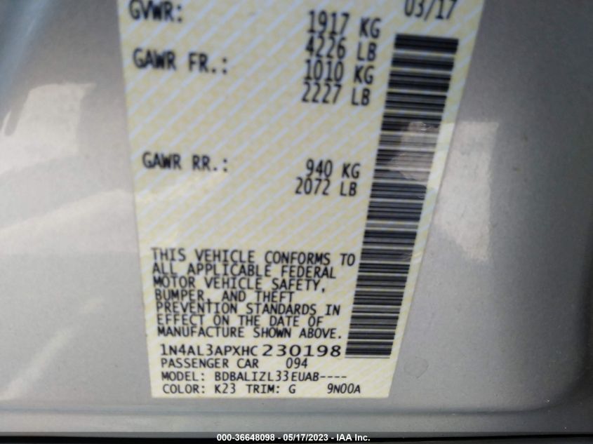 2017 NISSAN ALTIMA 2.5 SV - 1N4AL3APXHC230198