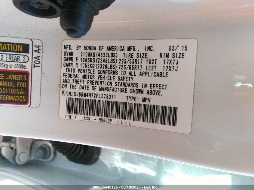 2015 HONDA CR-V EX-L - 5J6RM4H72FL079371