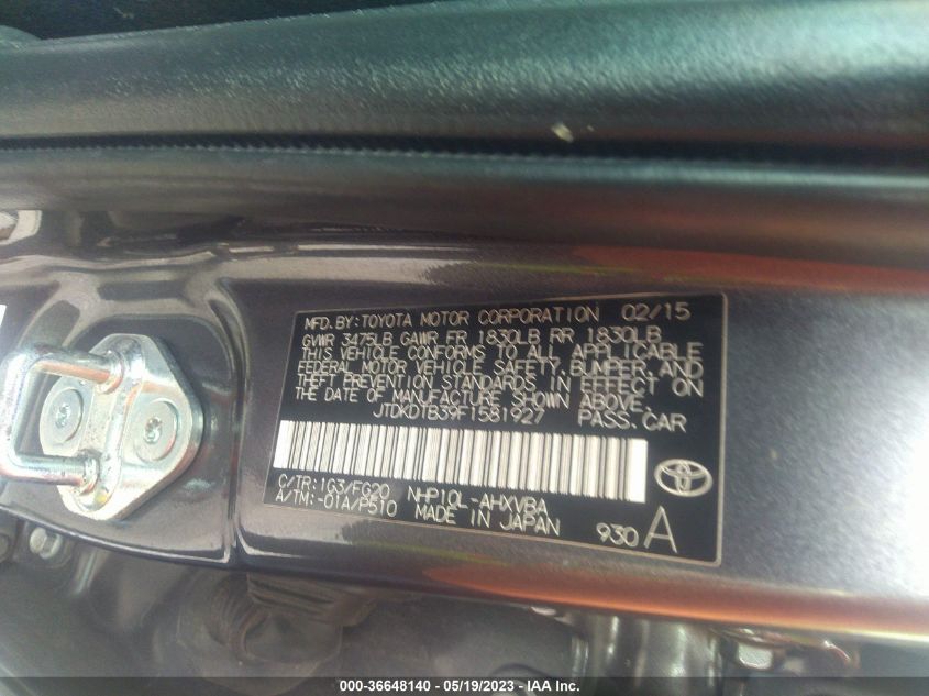 2015 TOYOTA PRIUS C ONE/TWO/THREE/FOUR - JTDKDTB39F1581927