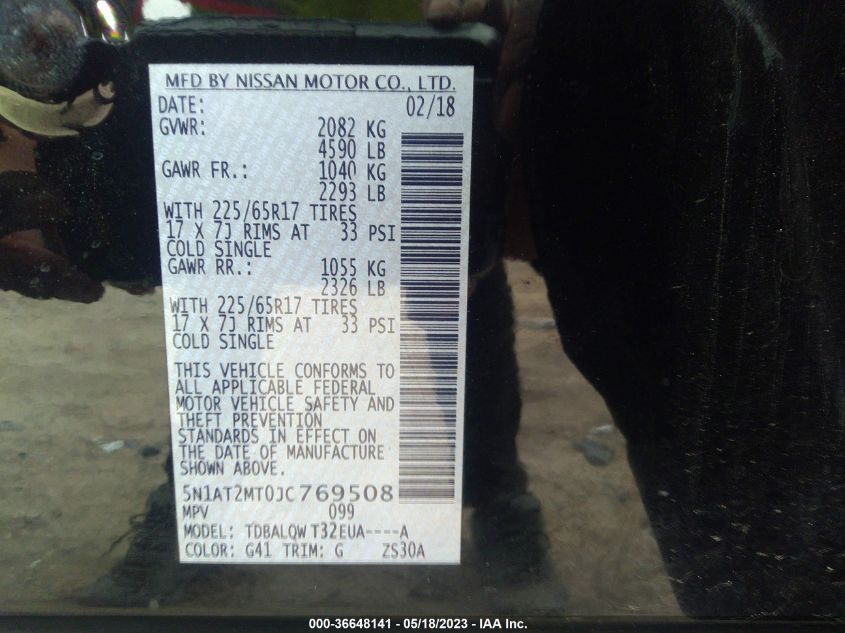 2018 NISSAN ROGUE SV - 5N1AT2MT0JC769508