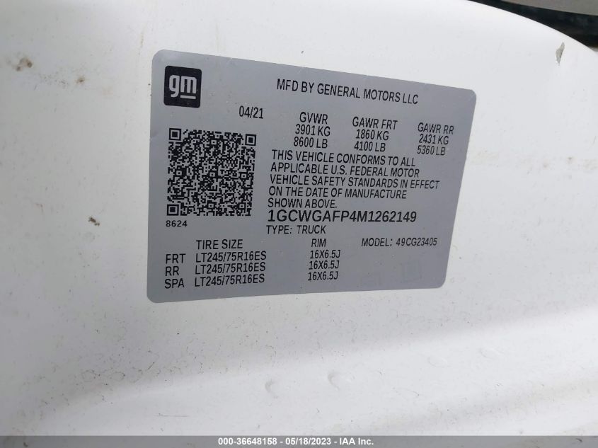 2021 CHEVROLET EXPRESS CARGO VAN - 1GCWGAFP4M1262149