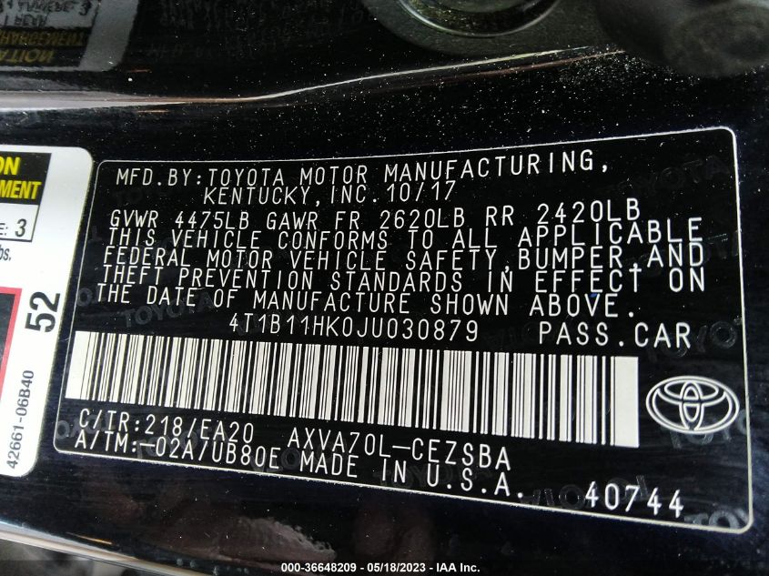 2018 TOYOTA CAMRY LE/SE/XLE/L - 4T1B11HK0JU030879