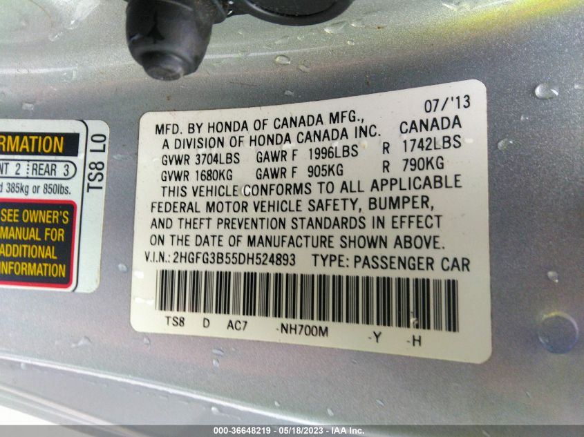 2013 HONDA CIVIC CPE LX - 2HGFG3B55DH524893