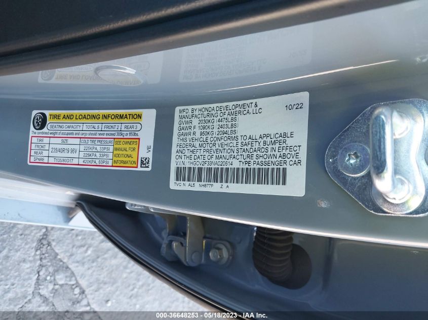 2022 HONDA ACCORD SEDAN SPORT - 1HGCV2F33NA020614