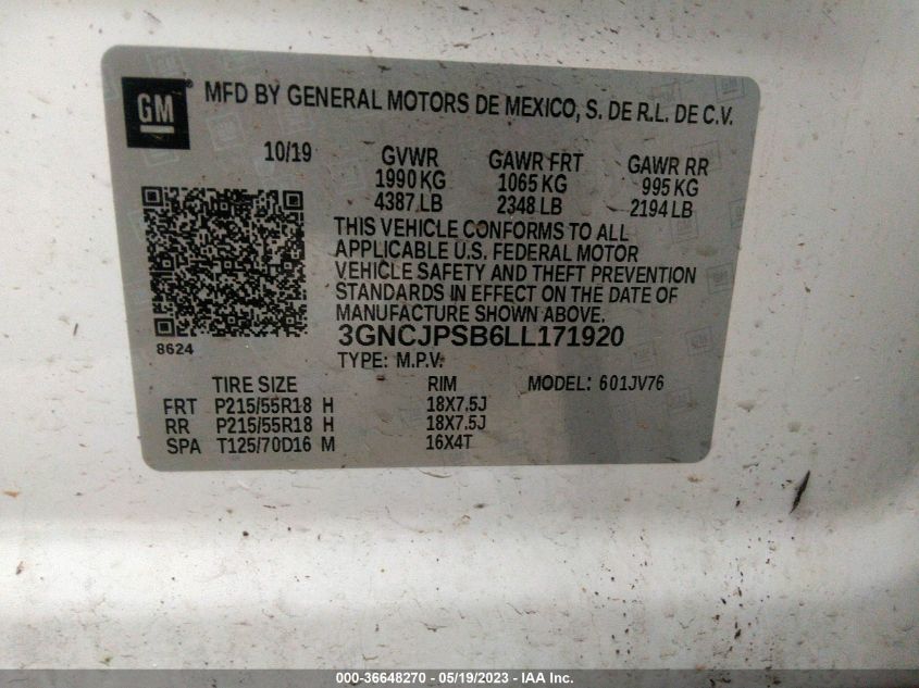 2020 CHEVROLET TRAX LT - 3GNCJPSB6LL171920