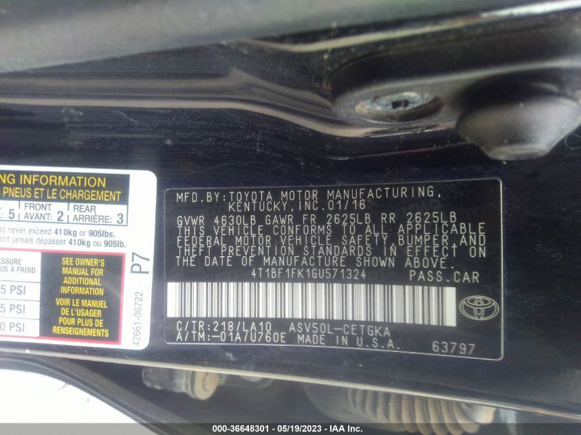 2016 TOYOTA CAMRY XLE/SE/LE/XSE - 4T1BF1FK1GU571324