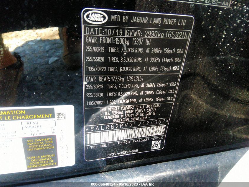 2020 LAND ROVER DISCOVERY SE SALRG2RV9L2424002