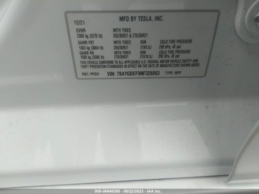 2022 TESLA MODEL Y PERFORMANCE - 7SAYGDEF9NF328063