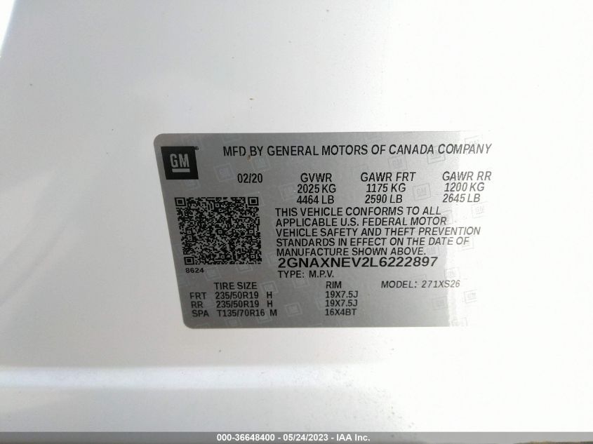 2020 CHEVROLET EQUINOX PREMIER - 2GNAXNEV2L6222897