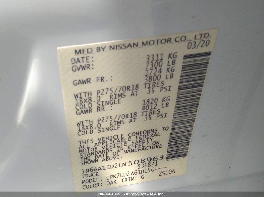 2020 NISSAN TITAN PRO-4X - 1N6AA1ED2LN508963