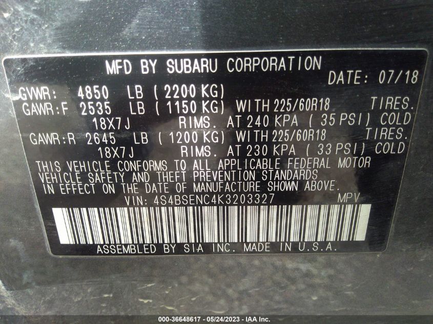 2019 SUBARU OUTBACK LIMITED - 4S4BSENC4K3203327