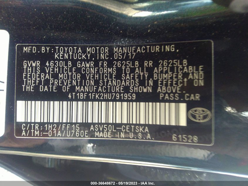 2017 TOYOTA CAMRY XLE/SE/LE/XSE - 4T1BF1FK2HU791959
