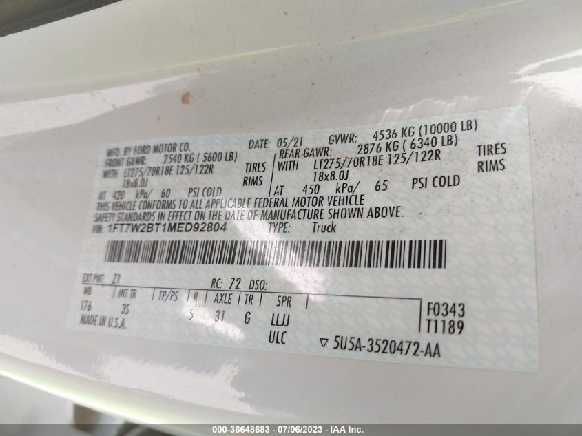 2021 FORD SUPER DUTY F-250 SRW XL/XLT/LARIAT - 1FT7W2BT1MED92804