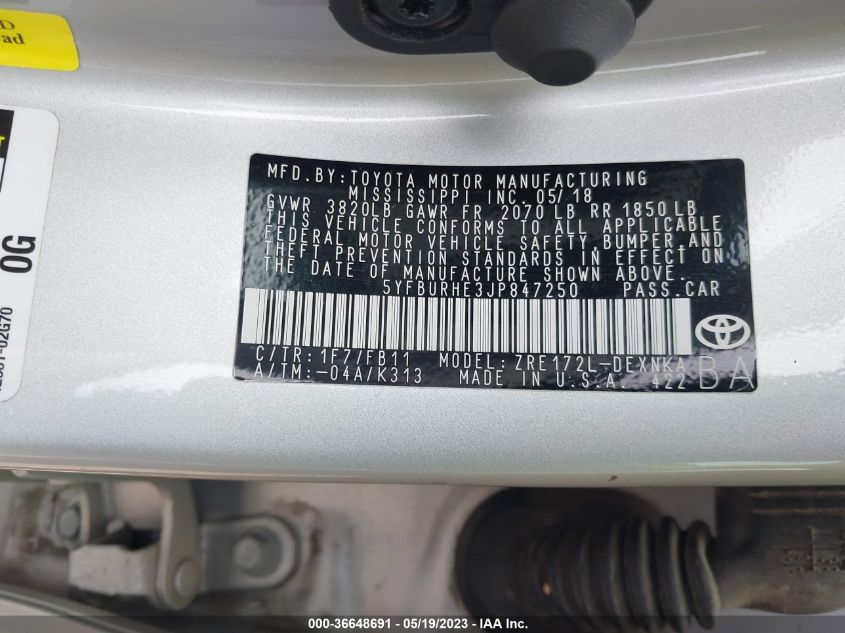2018 TOYOTA COROLLA L/LE/XLE/SE/XSE - 5YFBURHE3JP847250