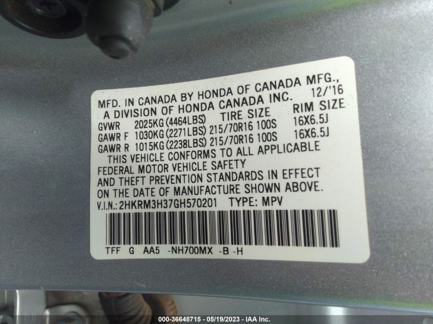 2016 HONDA CR-V LX - 2HKRM3H37GH570201
