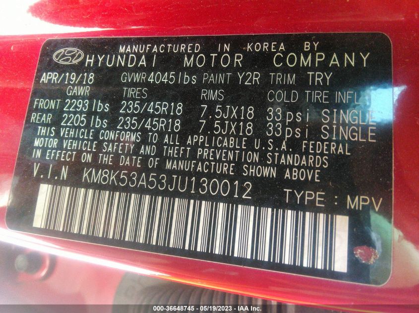 2018 HYUNDAI KONA ULTIMATE - KM8K53A53JU130012