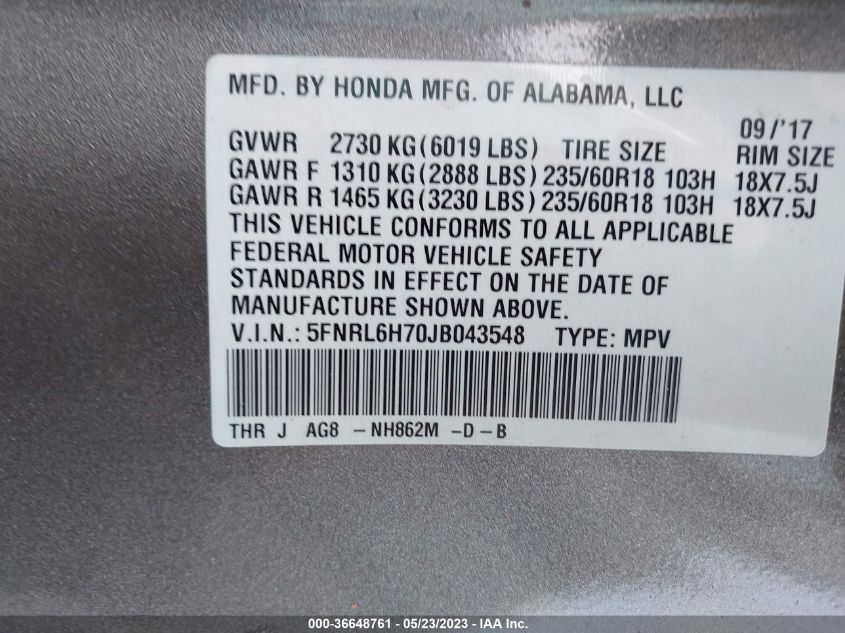 2018 HONDA ODYSSEY EX-L - 5FNRL6H70JB043548